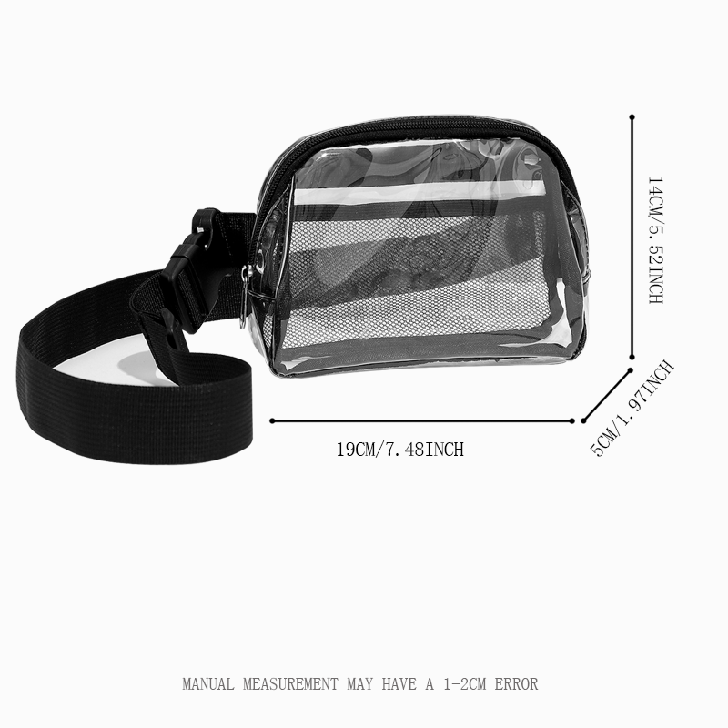 Прозрачная поясная сумка, сетчатый карман из ПВХ внутри, пластиковая пряжка, выдвижной ремешок может использоваться как сумка-мессенджер через плечо
