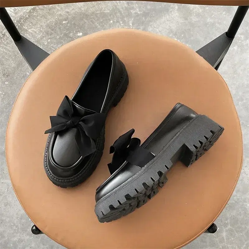 Zapatos de tacón grueso para mujer, cómodos y Zapatos de trabajo a la moda, planos de cuero con lazo, Otoño, 2024