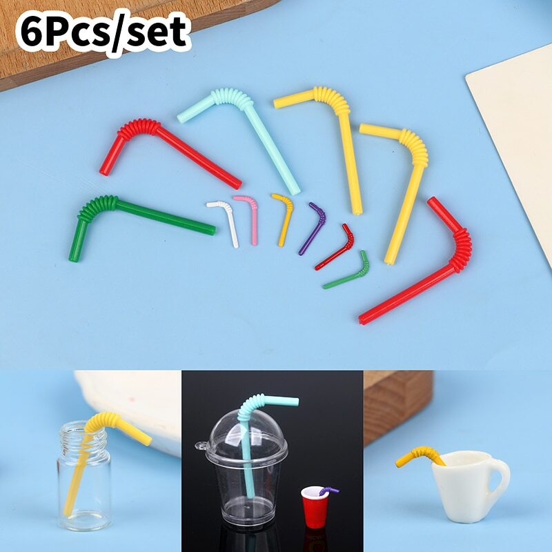 6Pcs 1/12 Dollhouse Miniature Accessories Mini Resin Drink Straw Simulation Color Straws Model Toys for Doll House Scene Decor