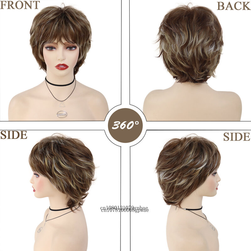Wig pendek sintetis campuran coklat highlight Wig alami dengan poni untuk wanita Wig pengganti rambut tahan panas kostum harian