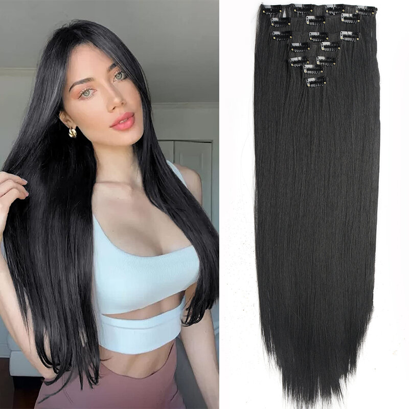 7 buah/Set 16 klip ekstensi rambut hitam panjang lurus alami rambut Ombre hiasan rambut serat tahan panas untuk gaya rambut wanita