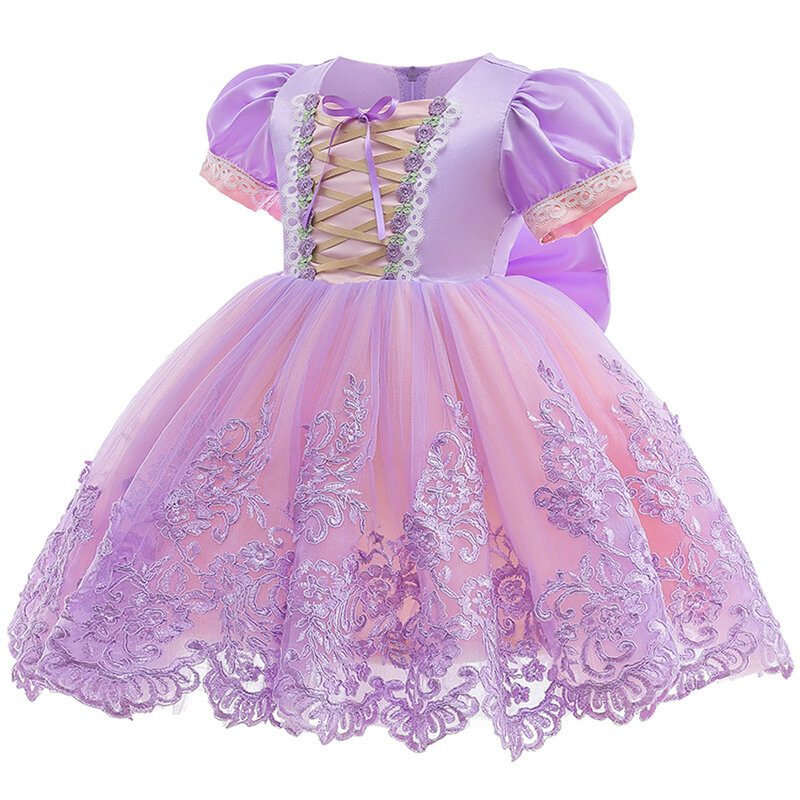 Vestido princesa Rapunzel para criança, fantasia Cosplay extravagante, vestidos de manga folhada, vestido de Natal, festa de Halloween, rosa, 1-6T