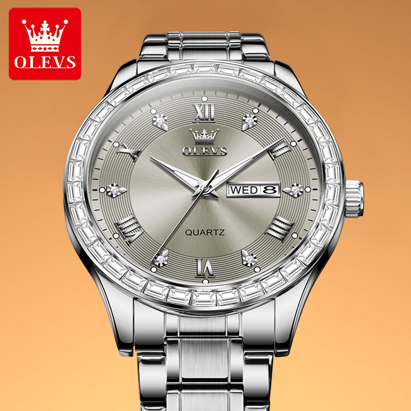 OLEVS jam tangan 9906 berlian pria, arloji Stainless steel tanggal kalender Roman Dial tahan air untuk lelaki