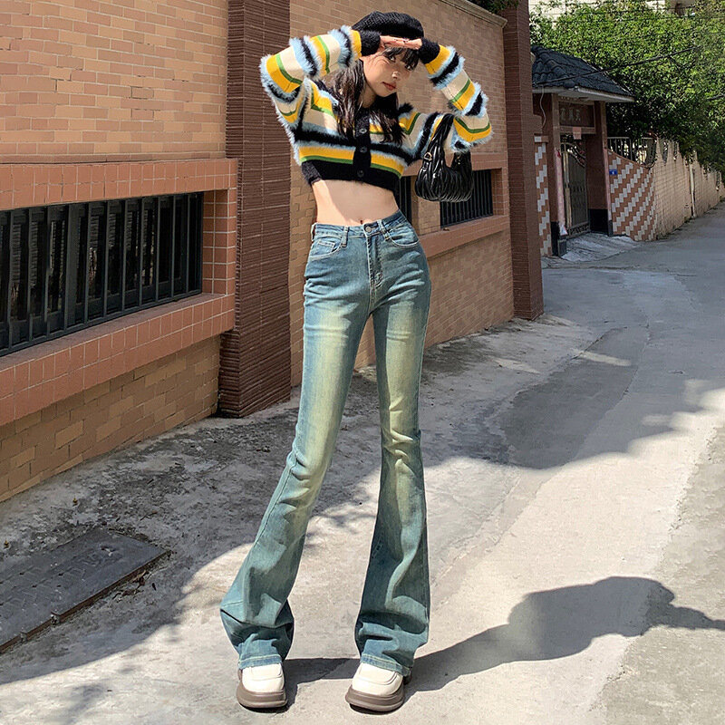 Denim Planet Retro Style Micro Jeans for Women's Spring and Summer 2024 New High Waisted Elastic Slimming Hoof Flared Pants