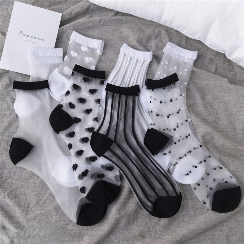 Ультратонкие прозрачные сетчатые короткие носки, сексуальные кружевные женские носки, Летние Повседневные Дышащие Короткие носки Харадзюку черного и белого цвета