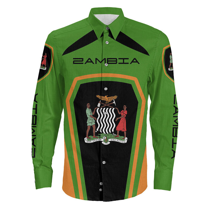 Zambia Flag Map 3D Printed Long Sleeve Shirts For Men Clothes Fashion Hawaiian Male Shirt Africa Lapel Blouse Coat Of Arms Tops