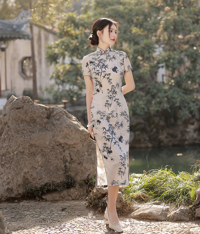 Elegant Women's Short Sleeve Handmade Button Qipao Retro Bamboo Flower Printed Satin Cheongsam Chinese Daily Dress