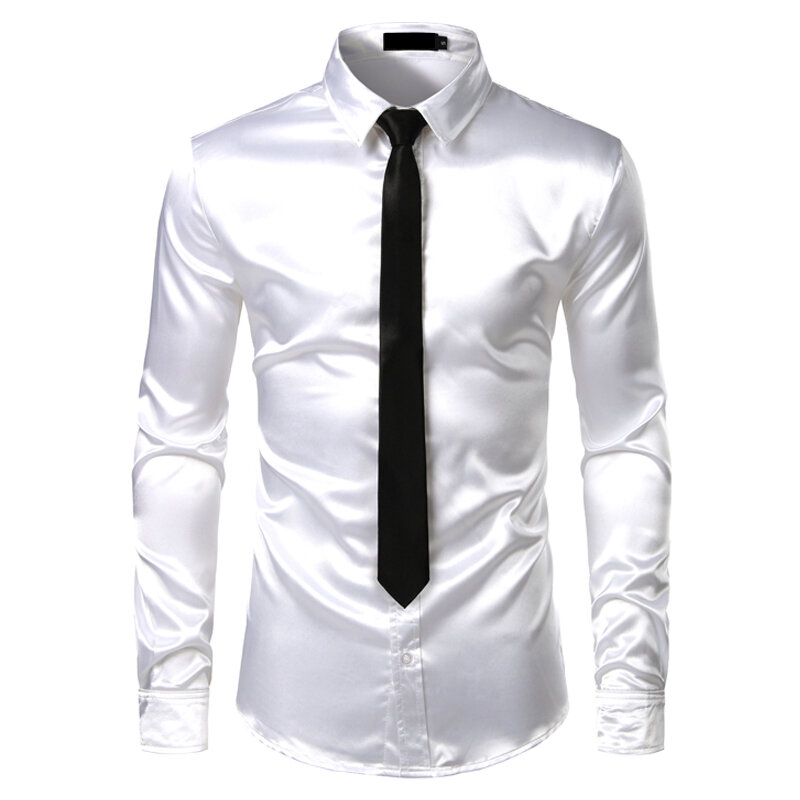 Ensemble Chemise et cravate en soie argentée pour Homme, tenue de smoking en Satin lisse, décontractée, à boutons, pour fête de mariage, bal de promo