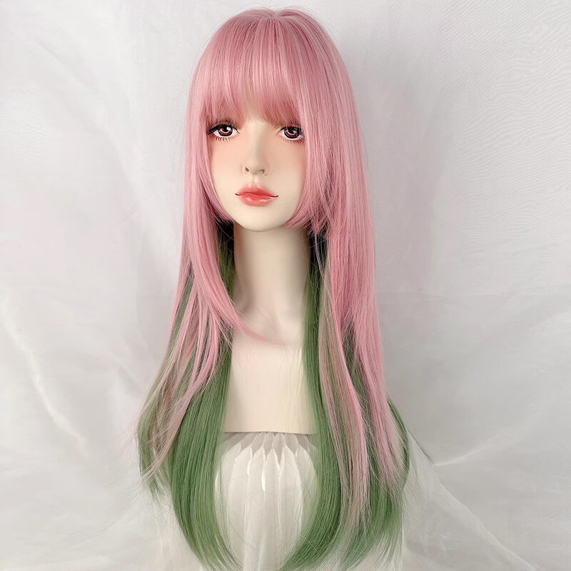 VICWIG syntetyczne długie prosta Ombre różowo-zielona mieszanka warstwowa peruka z grzywką Lolita Cosplay kobiet peruka do włosów na codzienne przyjęcie
