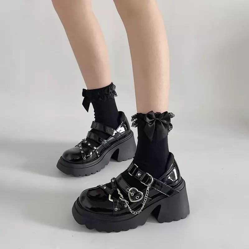 รองเท้าส้นสูงพังค์สำหรับผู้หญิง2023สายโซ่โลหะ Mary Jane รองเท้าโลลิตารองเท้าส้นสูงสไตล์โกธิคหนังสิทธิบัตรญี่ปุ่น