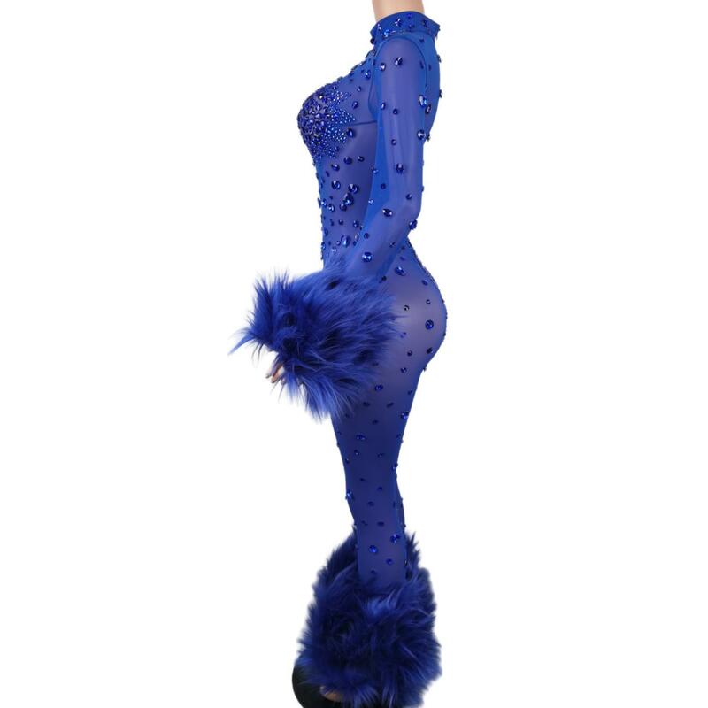 Blue Furry Jumpsuit Women Long Sleeve Skinny Fringe Leotard Sexy Mesh Stage Wear DJ Singer Dancer Party Show Costume Guibin