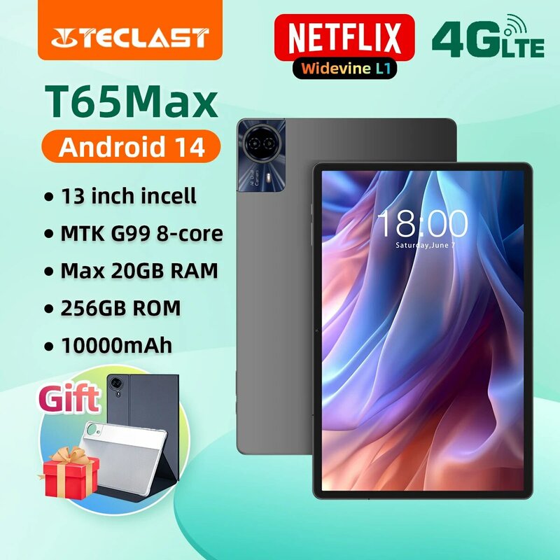 Teclast T65Max 13 pollici 2024 Tablet Android 14 Tableta G99 8-core Max 20GB RAM 256GB ROM 4G rete GPS 10000mAh 3.5mm Jack