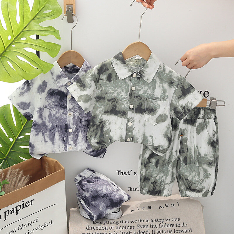 Conjunto de roupas boutique para bebês ocidentais, roupas estilo chinês, tingimento halo, gola virada para baixo, camisas e shorts de manga curta, 2022