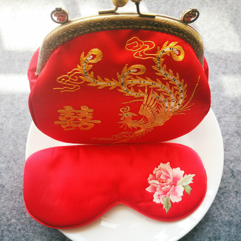 Chinese Red Mulberry Silk Eye Mask Hand-Embroidered Peony Flower Sleep Mask Wedding Eyewear Accessories Old Money Look Goods