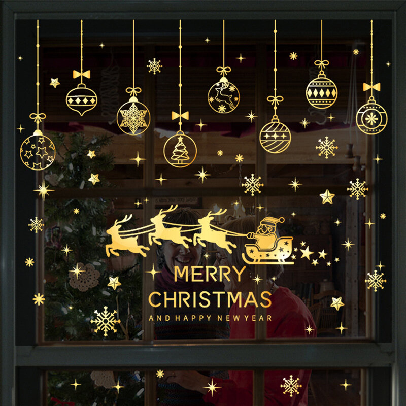 Merry Christmas and Happy New Year Window Sticker, White Snowflake, Santa, Elk, Snowman, Xmas Tree, Wall, Decalques, 2022