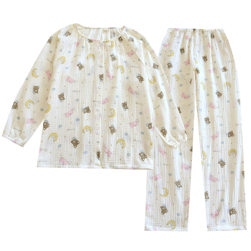 Crêpe Baumwolle Cartoon Damen Pyjama weiche und bequeme Langarmhose Haushalts kleidung Rundhals ausschnitt lässig 2-teilige Sets