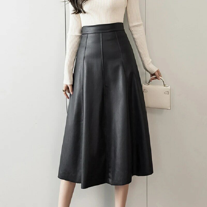 Wisher & Tong-falda de cuero sintético para mujer, faldas de estilo coreano de cintura alta, color negro, ropa femenina, otoño e invierno, 2021