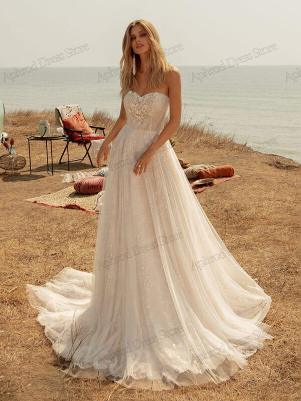 Gaun pernikahan anggun A-Line Tulle gaun pengantin berjenjang renda applique jubah punggung terbuka tanpa lengan gaun pengantin wanita cantik Vestidos De Novia 2024
