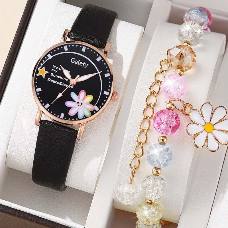 [Бесплатный браслет] милые детские часы с цветком карамельных цветов, Студенческие Кварцевые часы с маленькой маргариткой, Набор браслетов без коробки