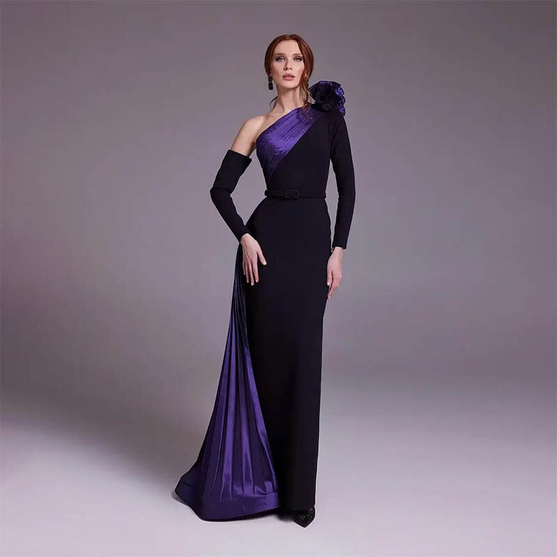 Gaun Prom Mewah Satu bahu hitam ungu gaun pesta malam elegan panjang lantai kerut lengan panjang putri duyung gaun pesta Formal