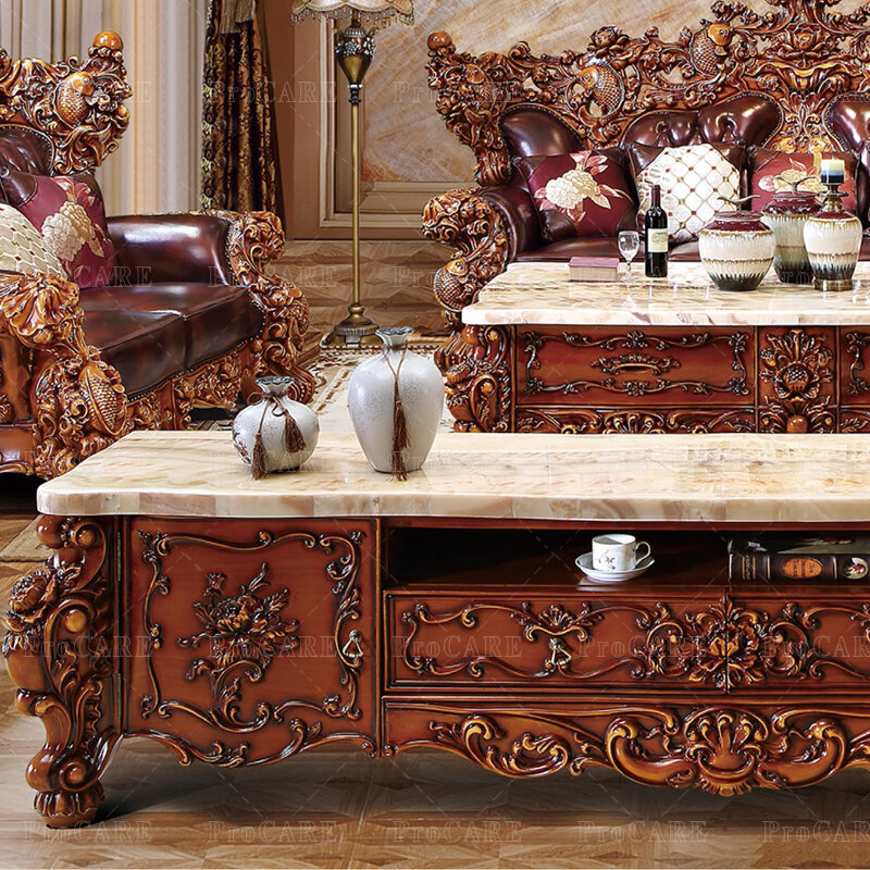 Procart-Sofá de couro genuíno Set para sala, escultura em madeira maciça, Villa americana, europeu e americano, 124