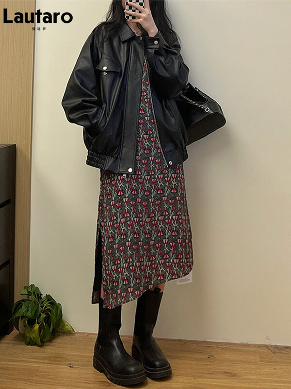 Pakaian Musim Semi Lauraro untuk Wanita Musim Gugur Besar Hitam Lembut Tahan Air Jaket Kulit Imitasi Ritsleting Antik Kasual Longgar Mode