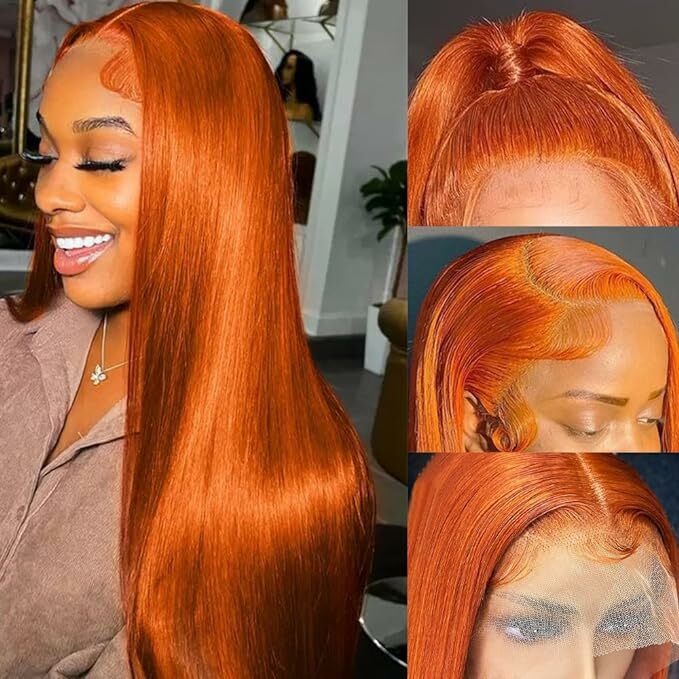 Wig jahe oranye renda depan rambut manusia pra-pencabutan lurus 13x4 HD renda Frontal rambut manusia Wig jahe renda depan Wig