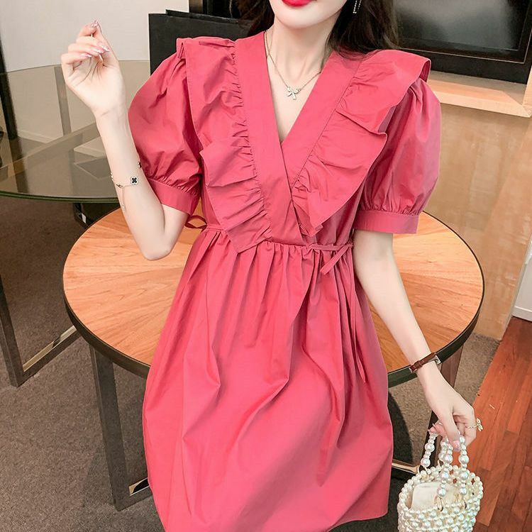 Pink A-line Skirt 2024 Spring/summer New Waistband Slimming Style Tie Up Bubble Sleeves V-neck Ruffled Edge Dress