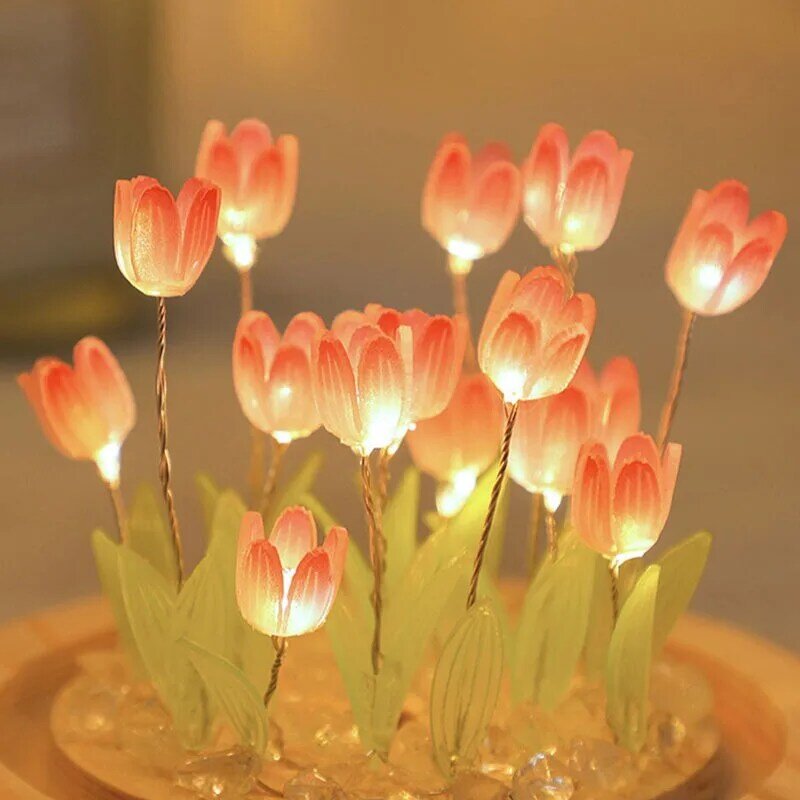 Lámpara de noche de tulipán con batería USB, lámpara de mesa LED de tulipán de simulación DIY, decoración de escritorio, lámpara de mesita de noche hecha a mano