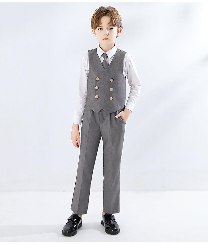 Children Soft Breathable Fabric Vest Shirt Pants Tie Formal Tuxedo Dress Boys Photograph Suit Kids Birthday Performance Costume