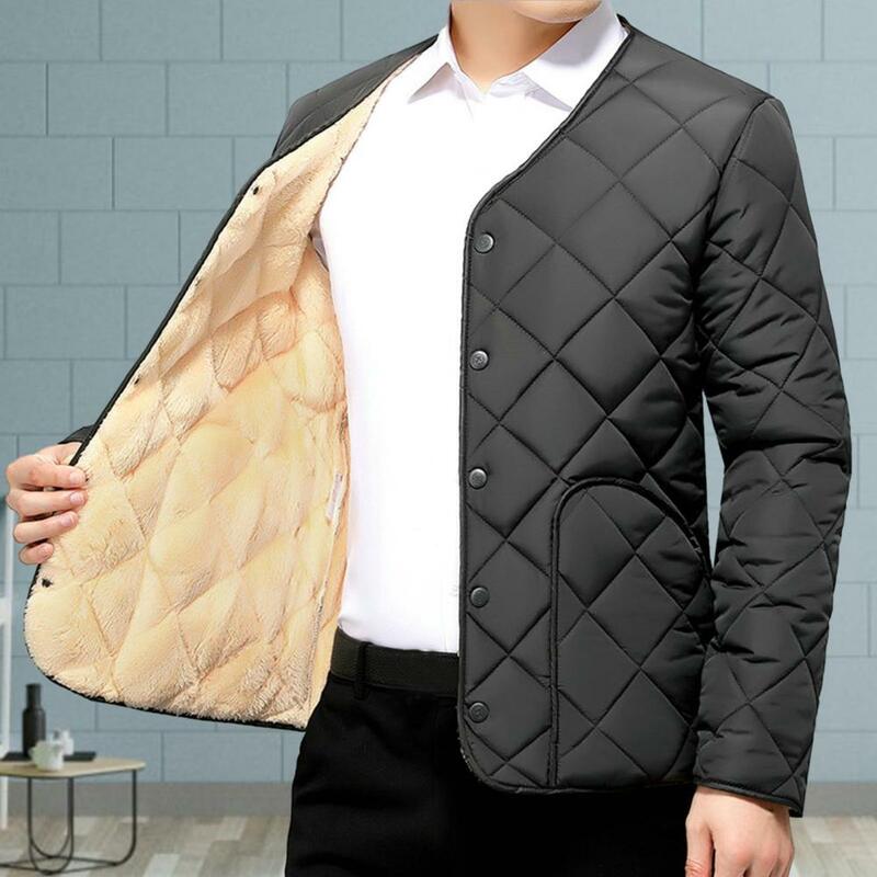 Men Winter Down Padded Jacket Long Sleeve Single Breasted Fleece Lining Male Casual Outerwear Snow Waistcoat