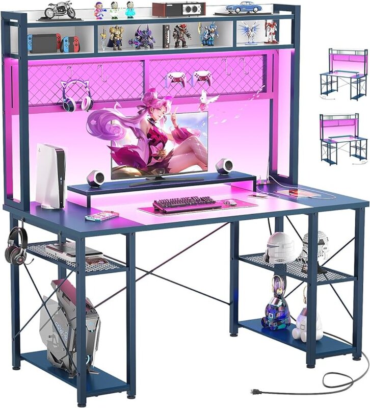 Armocity 2024 ulepszenie biurka do gier z klatką, 48-calowym magicznym biurkiem komputerowym ze światłami i gniazdkami LED, odwracalnym biurko stacji roboczej
