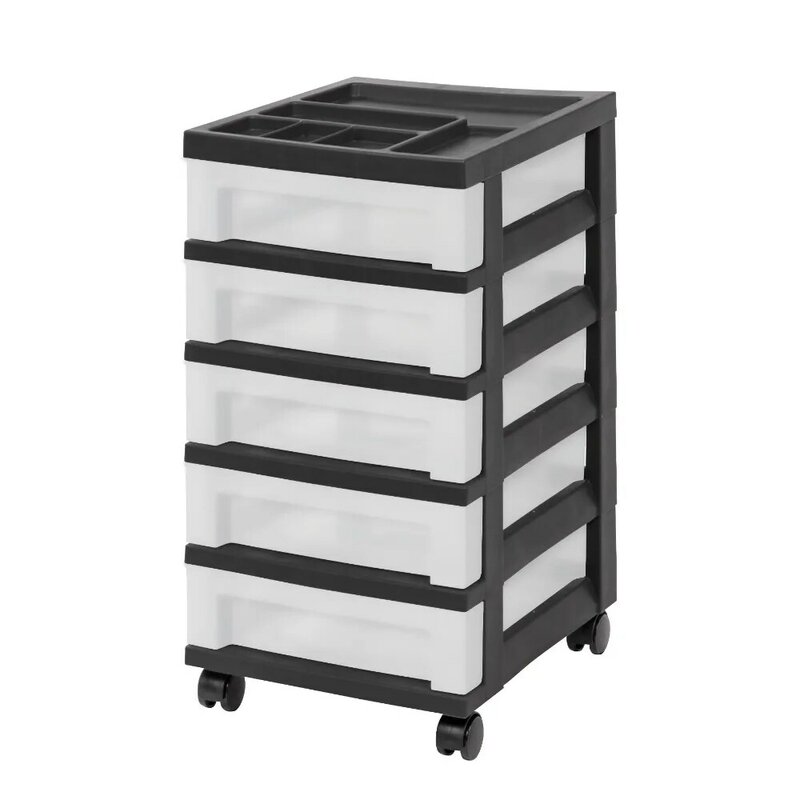 5-Drawer Narrow Plastic Storage Drawer Cart with Organizer Top, Black