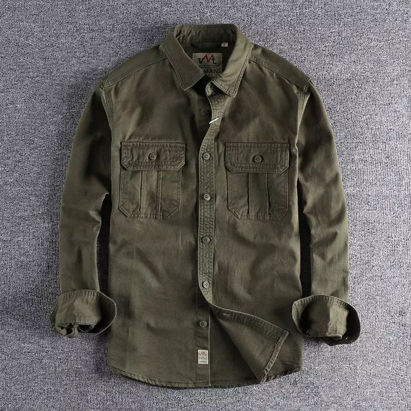 Camisa de bolso duplo estilo N masculina, manga comprida, jaqueta casual juvenil, casaco fino, uniforme de lavagem, fashion