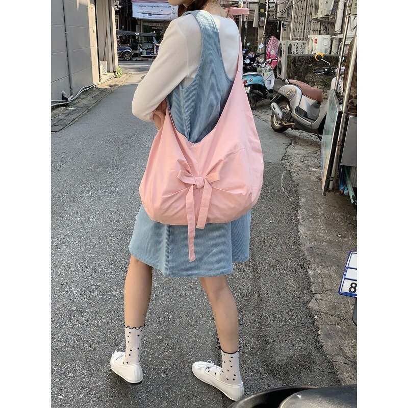 Xiuya Pink Sweet Shoulder Bag for Women Canvas Elegant Korean Style Fashion Crossbody Bag Bow Large Capacity Female New Handbag