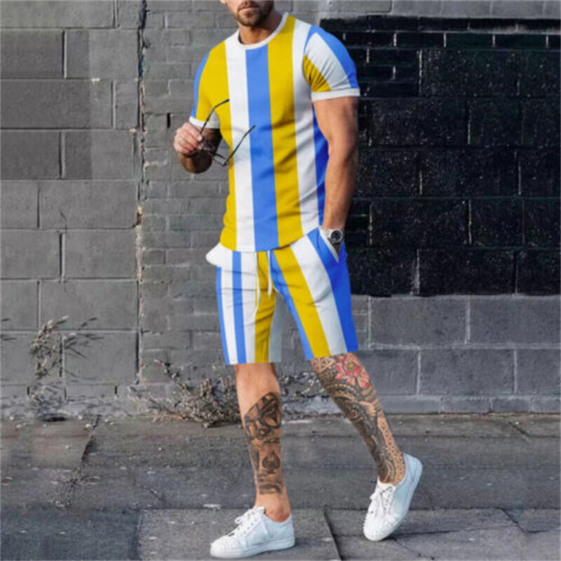 Футболка мужская с объемным принтом, повседневный Модный стильный комплект с шортами на шнуровке, одежда в уличном стиле, лето