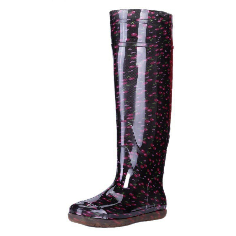Women Knee-High PVC Rain Boots Camouflage Cherry Print Water Boots Female Non-slip Wear-resistant Fishing Boots