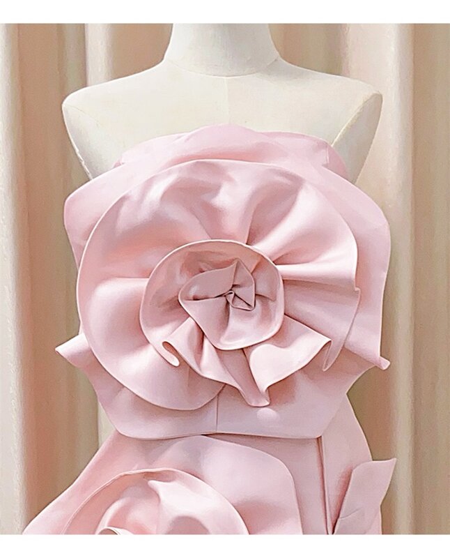 Gaun Prom wanita, merah muda, bunga 3D tanpa tali pendek Mini gaun pesta malam rok Formal kantor wanita pakaian kerja
