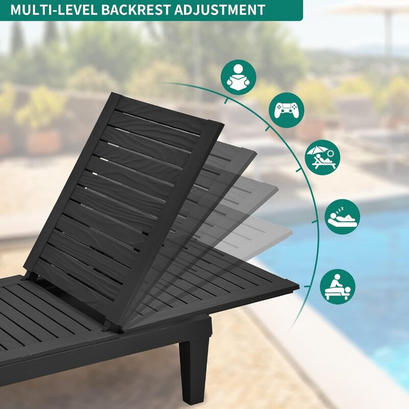 Outdoor Chaise Lounge Chair with Cushion & Adjustable Backrest, 265lbs Weight Capacity, Set of 2, Outdoor Chaise Lounge Chair