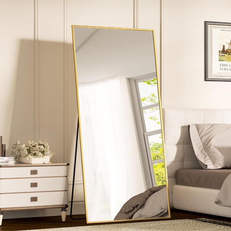Espejo de cuerpo entero para dormitorio, longitud completa con soporte, grande, dorado