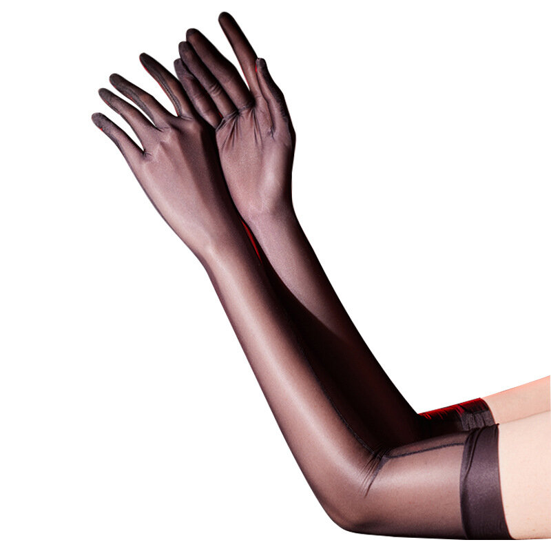 Sarung tangan mengkilap ultra-tipis seksi wanita sarung tangan ketat panjang elastis transparan Aksesori erotis sarung tangan lima jari klub pesta wanita