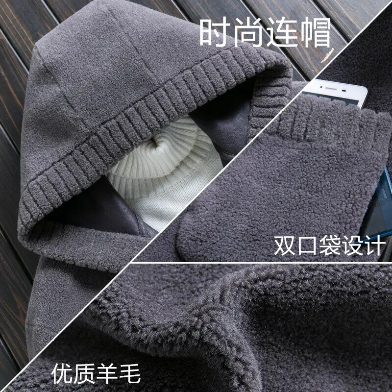 Abrigo de lana Natural para hombre, Chaqueta corta con capucha y partículas de piel, Reversible, para otoño e invierno, FCY5691