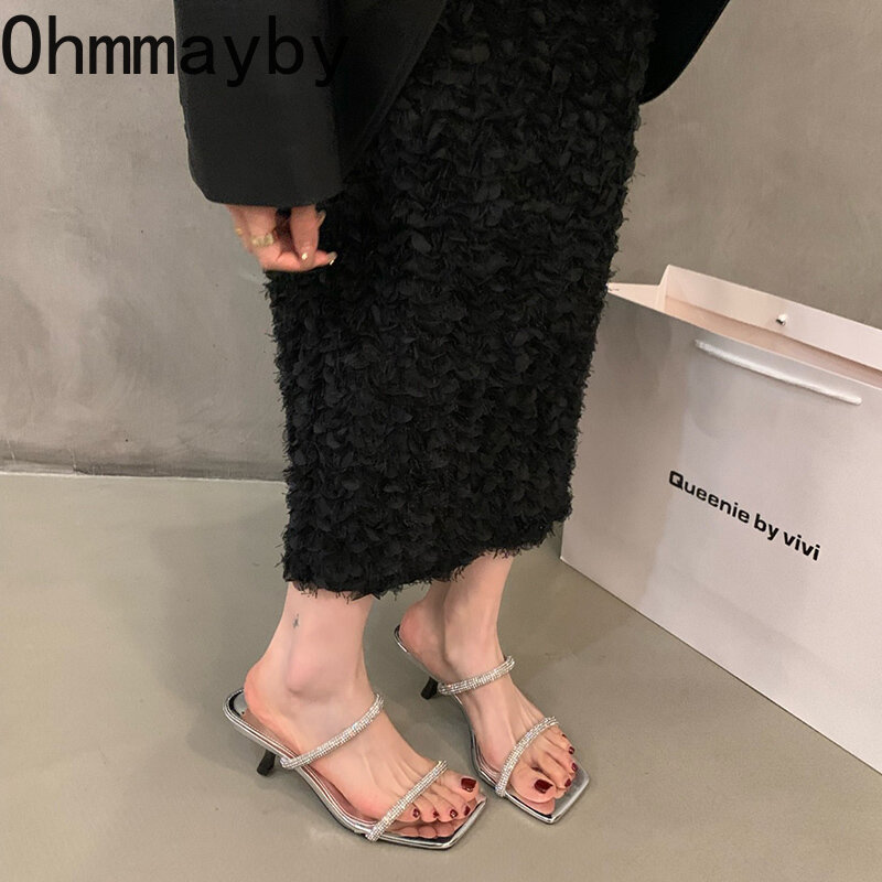 Pantofole da donna con tacco estivo moda elegante punta quadrata strass tacco alto diapositive scarpe da donna sandali da spiaggia all'aperto