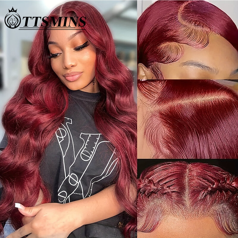 Pelucas de cabello humano con encaje Frontal para mujer, cabello rojo 99J, 13x4, color burdeos, onda corporal, cierre Frontal de encaje transparente, prearrancado