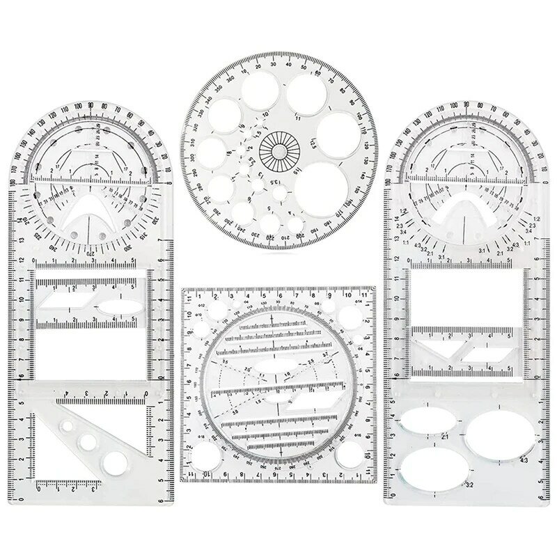 Alat penggaris gambar geometris multifungsi, 4 buah penggaris plastik pengukur matematika penggaris Gambar lingkaran