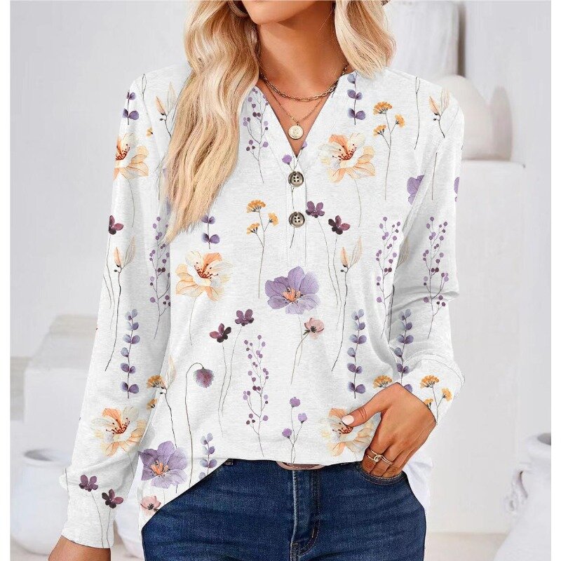 Spring and Autumn New Fashion Women's Blouse Solid Print Button V-Neck Long Sleeve Casual Loose Female Pullover T-shirt Commute