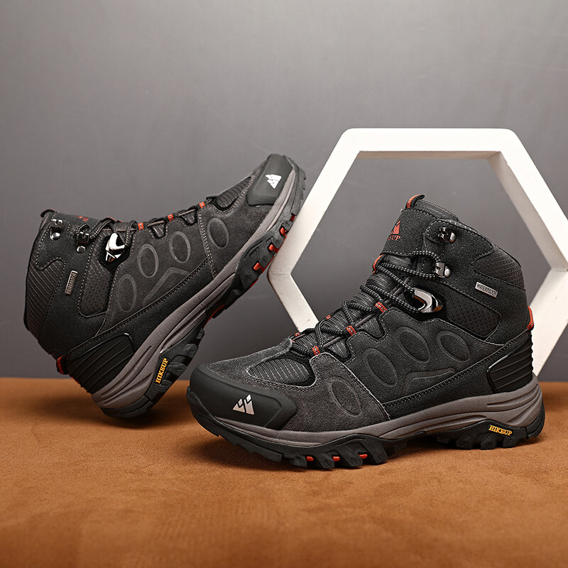 HIKEUP высокие мужские походные ботинки зимняя Уличная обувь на шнуровке нескользящие спортивные повседневные треккинговые ботинки мужская замшевая теплая обувь