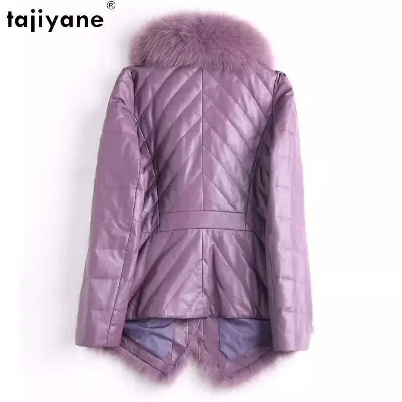 Женская Короткая кожаная куртка Tajiyane, повседневный пуховик из 100% натуральной овечьей кожи с воротником из лисьего меха, для зимы