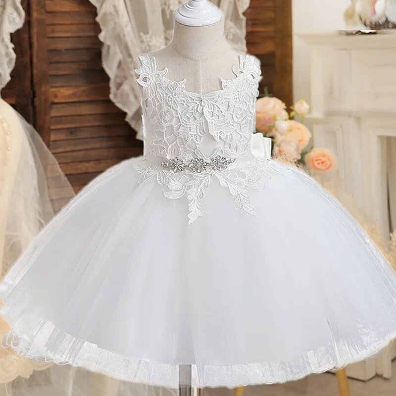 Кружевное платье с цветочной вышивкой для девочек, детское платье на день рождения, с фатиновым поясом, красивое официальное платье принцессы с цветами для девочек на свадьбу, 2024