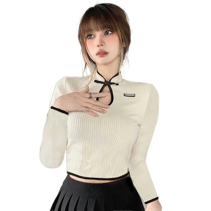 Top corto de cuello Cheongsam de estilo chino para mujer, camisa de fondo delgada de cintura alta, blusa versátil de manga larga
